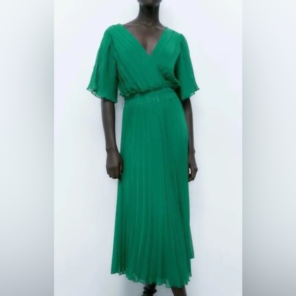 ZARA NWT Pleated Midi Dress in Green Size XS - Picture 1 of 13